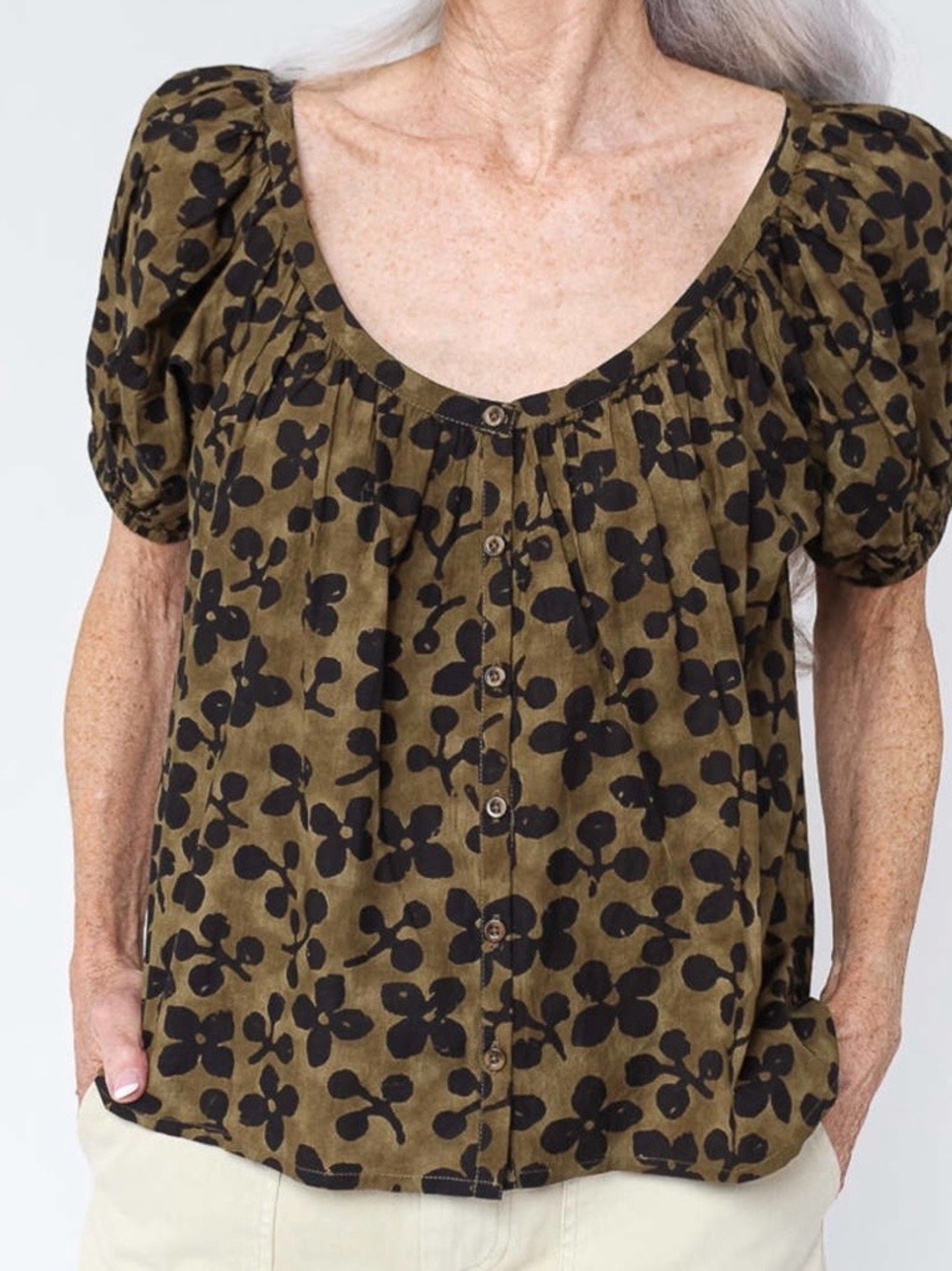 A Piece Apart La Lidia Olive Black Floral Puff Sleeve Blouse XL